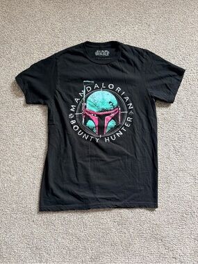 Star Wars Black T-shirt with Teal and Pink Mandalorian Helmet